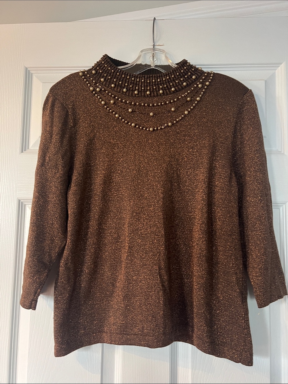TanJay Metallic Brown Beaded Mock Neck Sweater